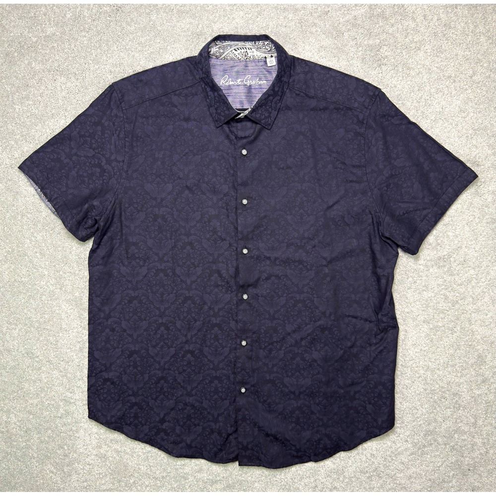 Robert Graham Mens 2XL Black Floral Jacquard Short Sleeve Button Up Shirt